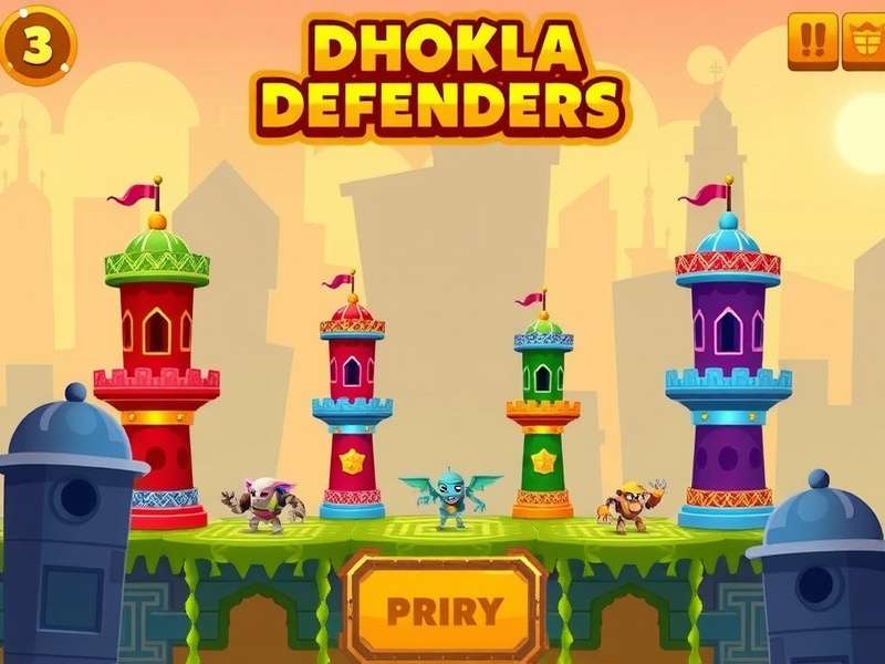 Dhokla Defenders Game Screenshot showing colorful towers defending against enemies